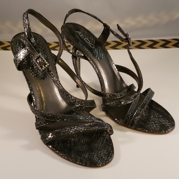 ALDO Sexy Stilettos Metallic Silver Snakeskin Strappy Heels 38 Fits 6.5 EUC - Picture 1 of 8